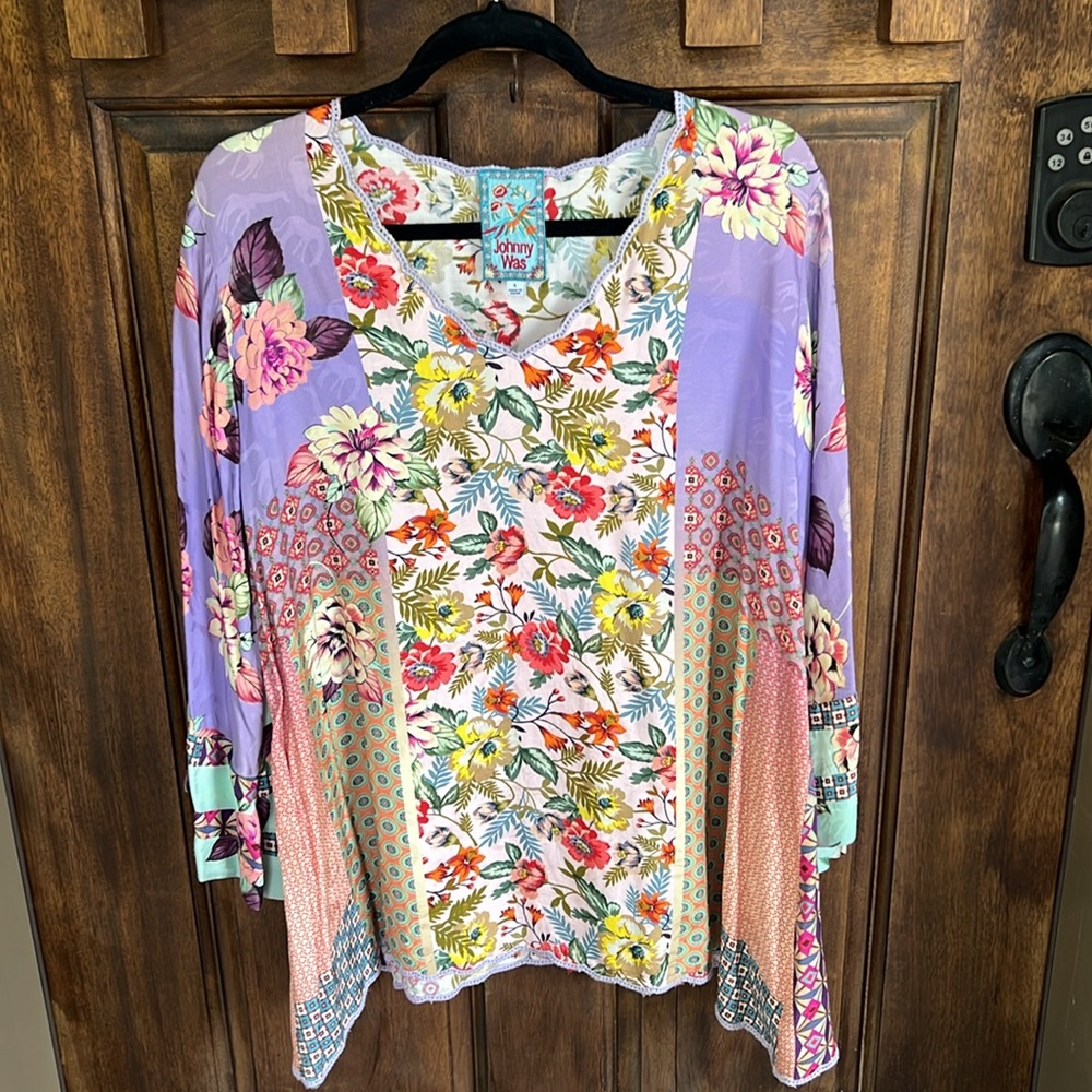 Johnny Was Purple Pink 3/4 Sleeve Asymmetrical Blouse